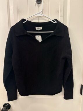 COS Black 100% Wool Collared V-Neck Knit Sweater XS